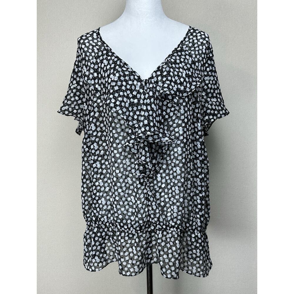 Lane Bryant Ruffle Chiffon Top 18/20 Blk Geo peplum Drop Waist Fairy Whimsy